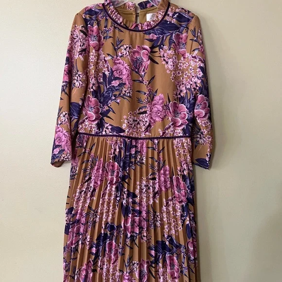 GB Girls Pleated Long Sleeve Dress with Pink and Purple Floral Pattern - Picture 1 of 13